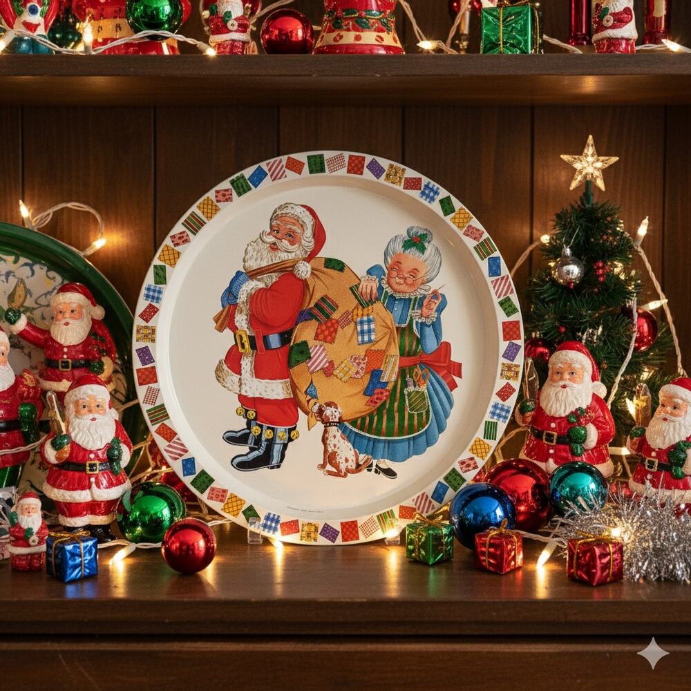 Vintage Giftco Santa & Mrs. Claus Holiday 13" Metal Tray – Christmas Retro Decor